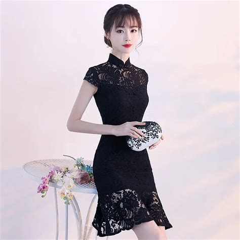Traditional Chinese Dress Qipao Ladies Evening Dresses Vintage Cheongsam Women Bride Short Black