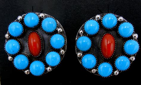 Navajo Turquoise Coral And Sterling Silver Cluster Earrings Palms