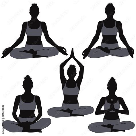 Set Of Silhouettes Of Woman In Yoga Poses For Meditation Stock Vector