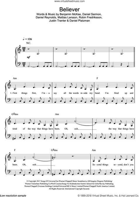 Dragons Believer Sheet Music Easy Version 2 For Piano Solo