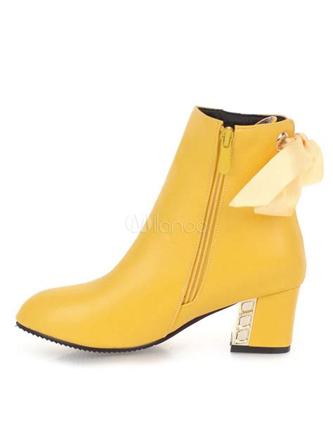 Yellow Ankle Boots Women Round Toe Lace Up Chunky Heel Booties