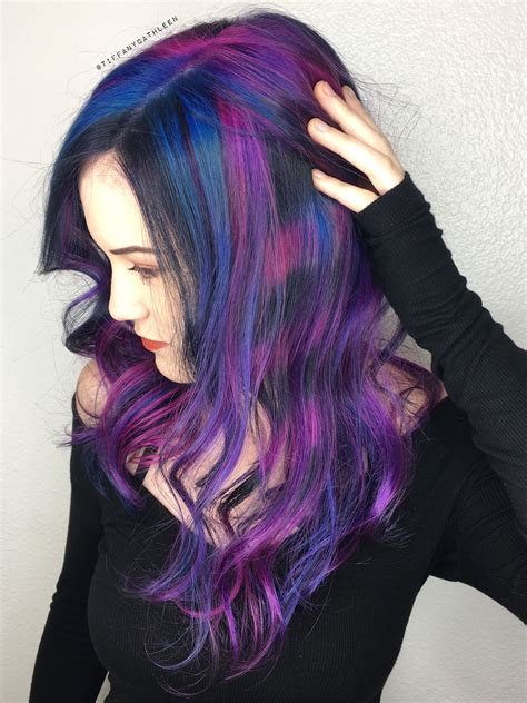 At the base (to about 2 inches off the scalp) we her client had been coloring her hair at home, getting it to a nearly black level 1. Pink and black striped hair | Hair inspiration, Long hair ...