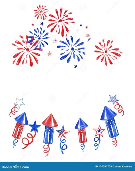 July Fourth Banner With Fireworks And Salutes On White Background