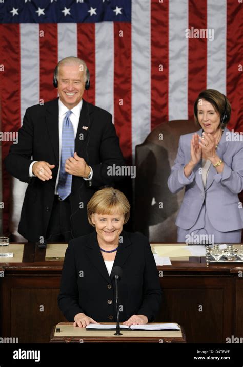 German Chancellor Angela Merkel C Smiles After Her Speech To The Us