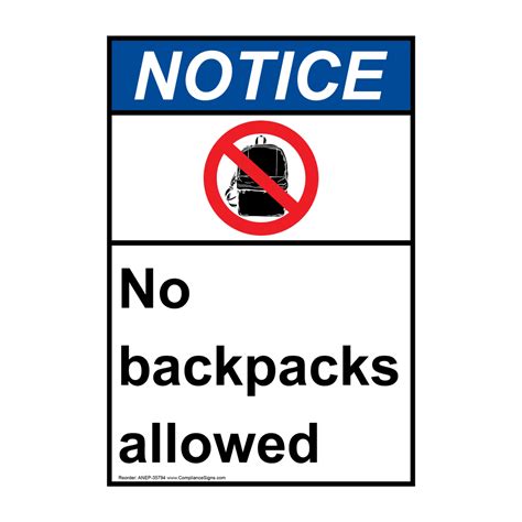 Vertical No Backpacks Allowed Sign Ansi Notice Policies Regulations