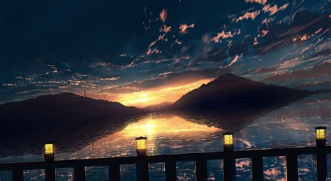Download 2140x1178 Anime Sunset Scenery Anime Landscape Lantern Fence Sky Wallpapers