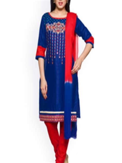 Buy Oomph Blue And Red Embroidered Unstitched Dress Material Dress