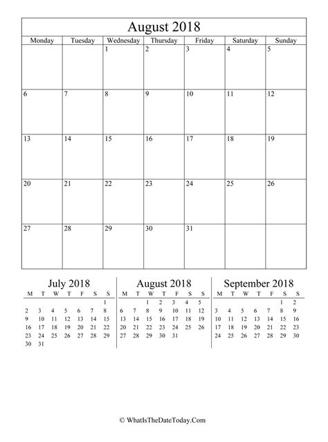 August 2018 Editable Calendar Vertical Layout Whatisthedatetodaycom