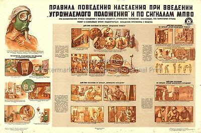 Soviet Russian Civil Defense Poster ACTIONS AFTER AIR RAID ALARM GAS