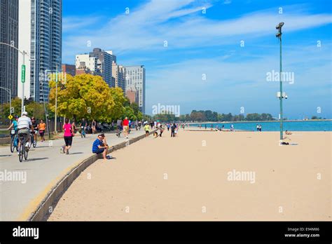 Oak Street Beach In Chicago And View Of Lake Michigan People And
