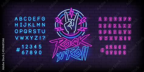 Rock N Roll Neon Light Sign With Guitar And Type Font Editable Vector