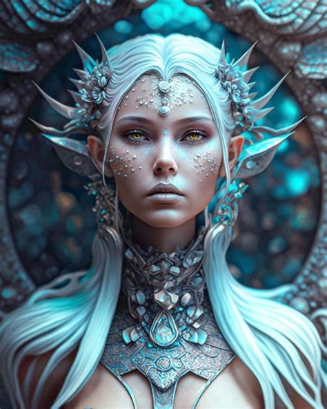 A Woman With White Hair And Blue Eyes Is Surrounded By Intricate