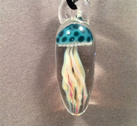 Jellyfish Pendant Hand Blown Glass With Satin Cord 1123grn Etsy