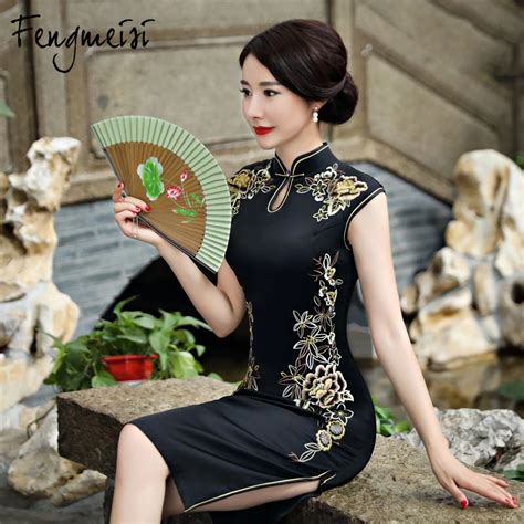 fengmeisi women girl chinese cheongsam short qipao style sexy dress split black 3d print modern