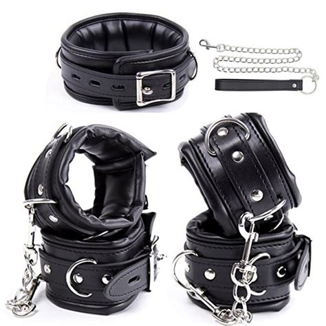 Leather Padded Wrist Cuffs And Ankle Cuffs And Neck Collar Set Bdsm