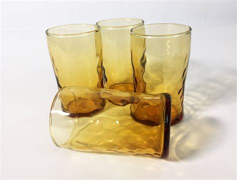 Set Of 4 Vintage Libbey Amber Juice Glasses Pinched Center W Textured Dot Pattern Retro Glassware