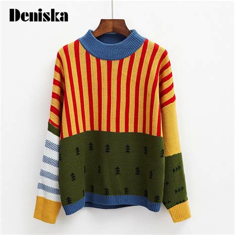 Deniska Harajuku 2018 Korean New Winter Sweaters Stripes Hit Color