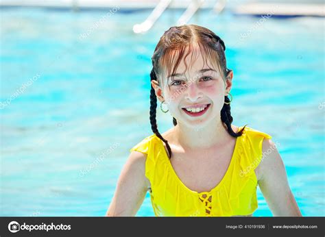 Girl Looking Away While Swimming Pool Excited Girl Looking Away Stock