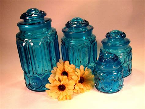 Vintage L E Smith Blue Star And Moon Set Of 4 Kitchen Apothecary Canisters With Tops This