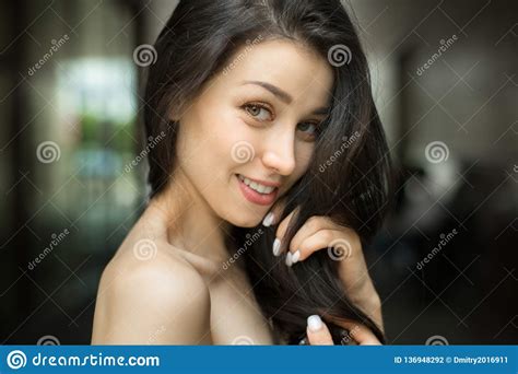 Beautiful Happy Brunette Woman Smiling Outdoors On City Street Natural Beauty Concept Stock