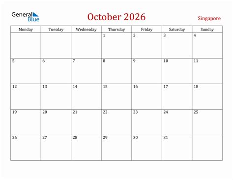 October 2026 Singapore Monthly Calendar With Holidays