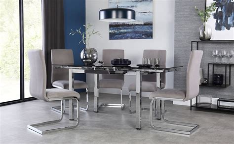 Its satin grey paint is stylish and the chunky, waxed. Space Chrome and Black Glass Extending Dining Table with 6 ...