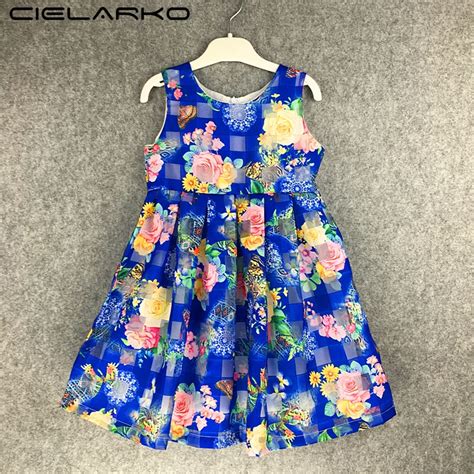 Cielarko Girls Flower Dress Summer Kids Print Dress Sleeveless Blue