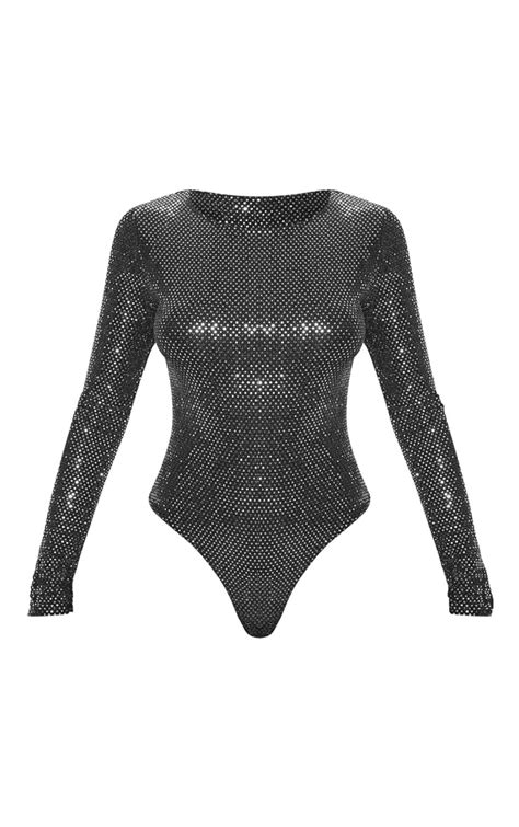 Silver Sequin Long Sleeve Bodysuit Tops Prettylittlething Ksa