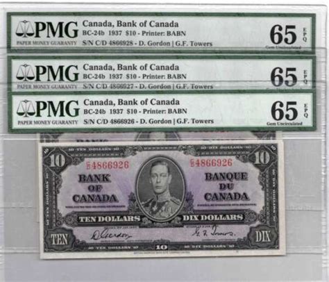 2 Consecutive 1937 Bank Of Canada 10 Banknotes Bc 24b Pmg Gem Unc 65