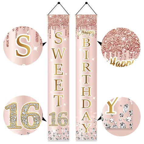 Sweet 16th Birthday Door Banner Decorations For Girls Pink Rose Gold