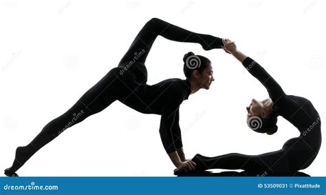 Two Women Contortionist Exercising Gymnastic Yoga Silhouette Stock