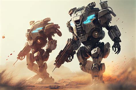 Two Robots On Futuristic Battlefield Ready To Engage In Fierce Battle