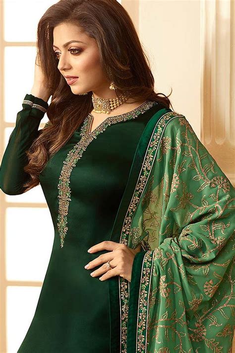 Buy Deep Green Churidar Salwar Kameez With Floral Embroidery In Satin Silk Online Like A Diva