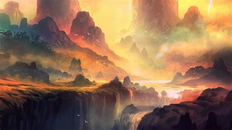 Artwork Landscape Mountains Waterfall Sunlight Fantasy Art Colorful
