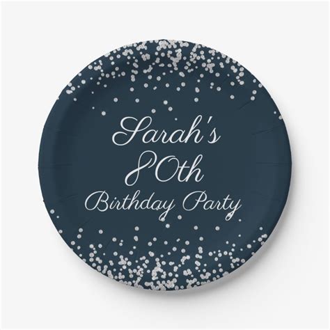 Navy Blue Silver Glitter 80th Birthday Party Paper Plate Uk