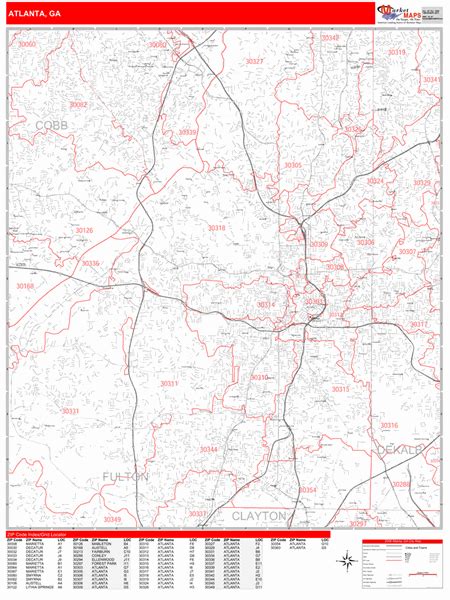 Atlanta Georgia Zip Code Wall Map Red Line Style By