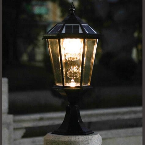 Retro Solar Outdoor Pillar Mounted Coach Lights Metal Lantern Glass Led