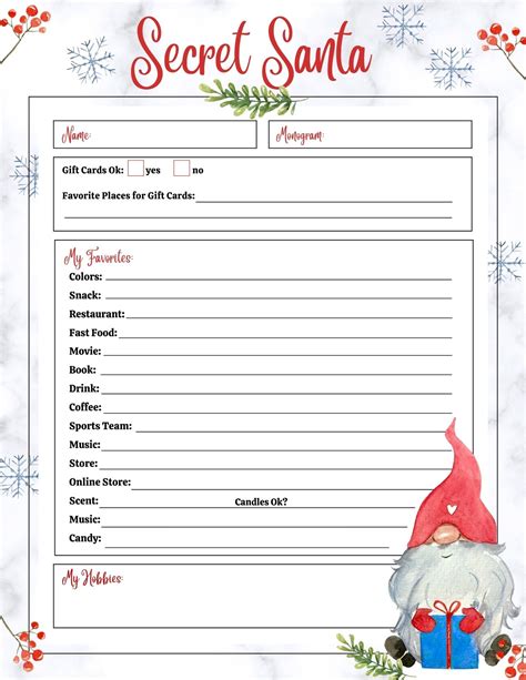 Free Secret Santa List Printable Questionnaire Options Secret