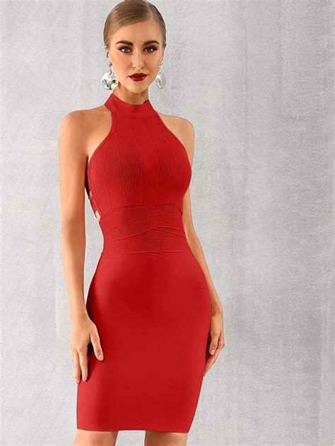 Adyce Solid Cut Out Halter Neck Bodycon Dress Red Bodycon Dress Bodycon Dress Backless Club