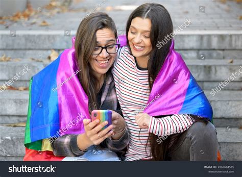 Beautiful Lesbian Couple Rainbow Flag Using Stock Photo 2063684585