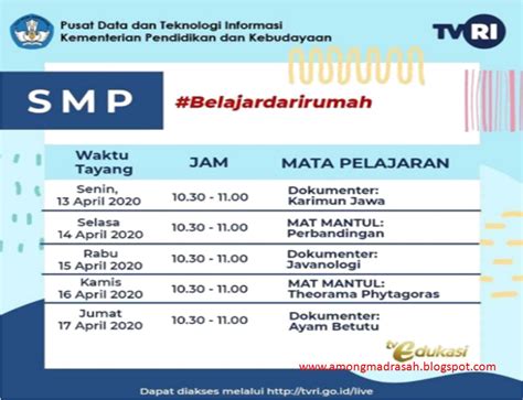 Misa kamis putih via online mulai berlangsung pukul 17.00 wib dan bisa diikuti dengan tuguran di pukul 22.00 wib. Surat Edaran Jadwal Penayangan Pembelajaran Di TVRI