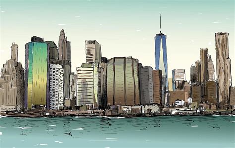 Color Sketch Of New York City Cityscape With Skyscrapers 1312429 Vector