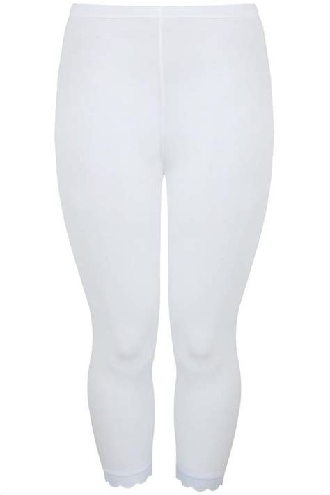White Cotton Essential Cropped Leggings With Lace Detail