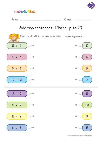 Addition sentences: Match up to 20 | 1st grade math worksheets, 1st