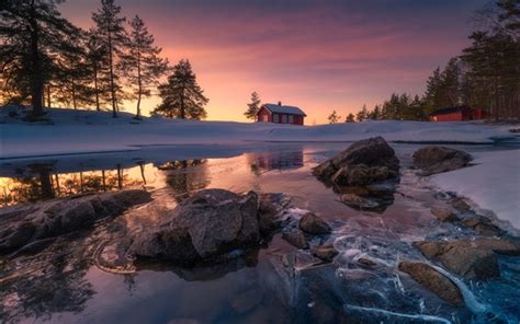 Wallpaper Ringerike Municipality Norway Snow Rocks Lake Winter