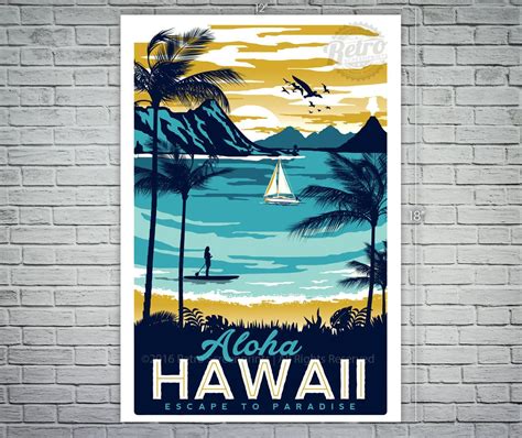 hawaii Écran imprimé rétro vintage travel poster surf palm etsy retro travel poster vintage