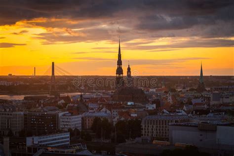 Landscape Of The City From The Top Riga In Sunset Light Latvia Stock