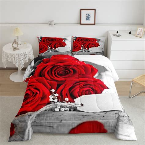 D Red Rose Comforter Set For Girls Women White Red Grey Bedding Set Twin Size Romantic