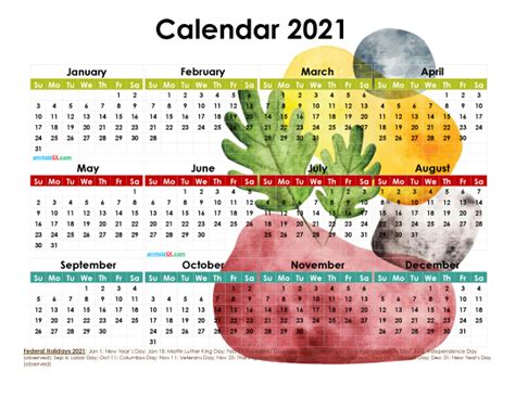 12 Free 2021 Printable Calendar With Holidays Watercolor Image