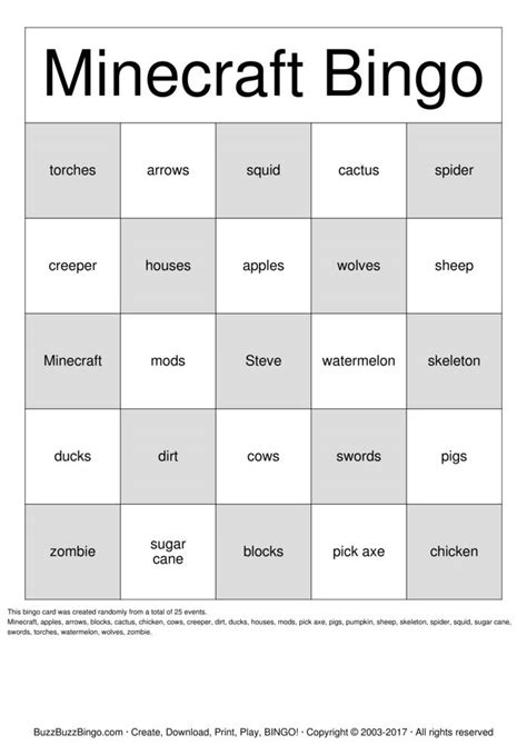 Minecraft Bingo Cards To Download Print And Customize